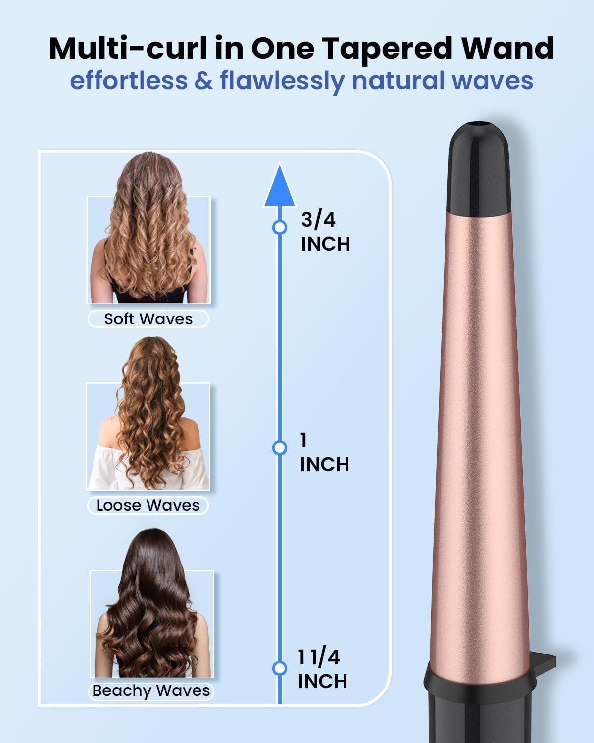 Dual Voltage Tapered Curling Wand for Long Hair,Ceramic Hair Wand Curling Iron 1 ¼-inch to 3/4-inch Beachy Waves,Hair Curler with LCD Display 225-450℉ | Glove Include