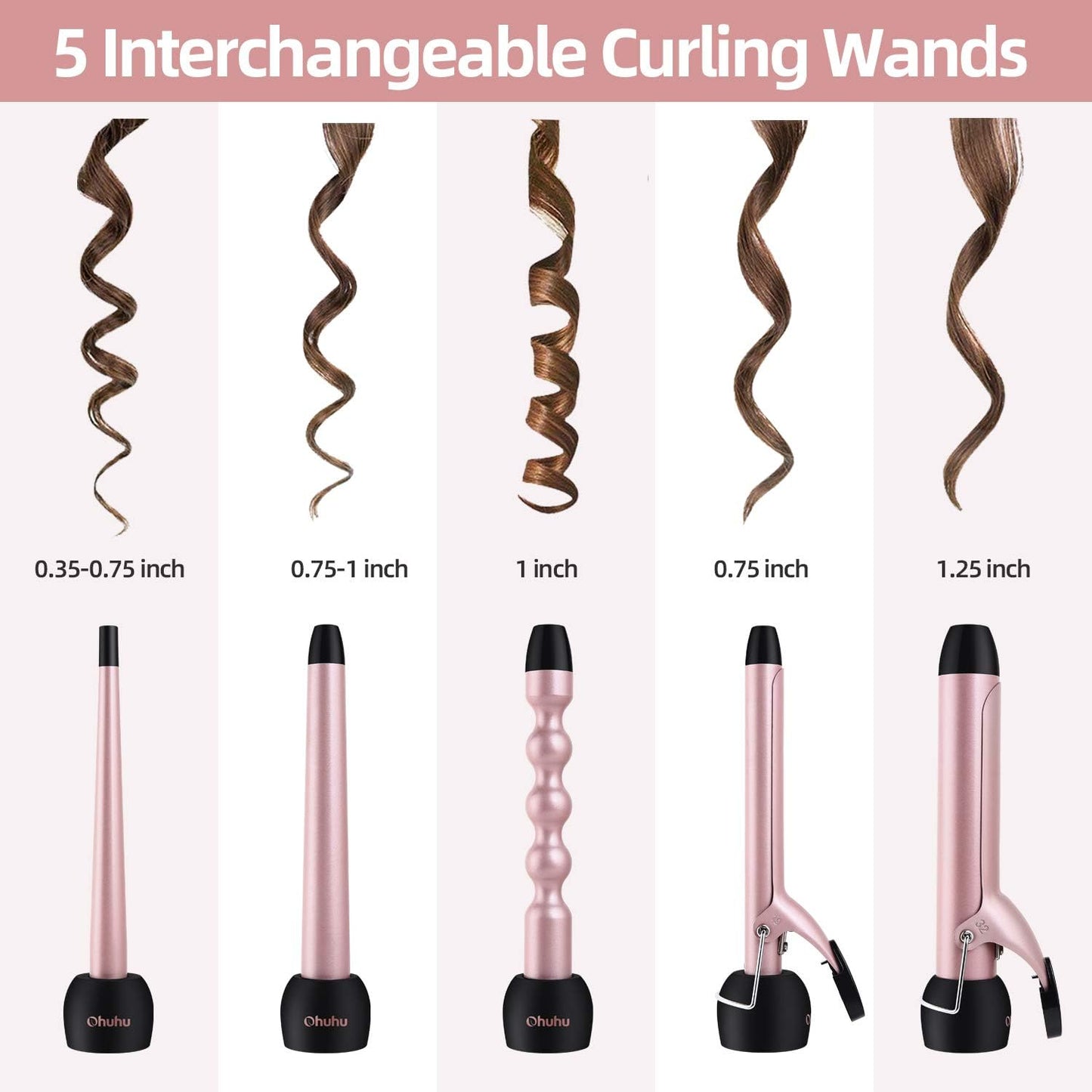 5 in 1 Curling Wand Set: Ohuhu Curling Iron Wand LCD Temperature Display 5Pcs 0.35 to 1.25 Inch Interchangeable Ceramic Barrel Heat Protective Glove for Girls Women Mother Gift Rose Gold