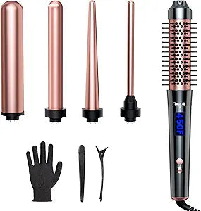 Bo'laiya 5 in 1 Curling Wand Set with Curling Brush and Temperature Display, 4 Interchangeable Ceramic Curling Wand(0.4'' - 1.3'') and Heat Protective Glove & 2 Clips -Rose Gold