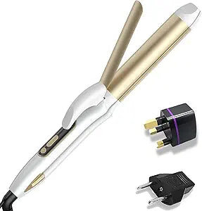 Travel Curling Iron, 2 in 1 Dual Voltage (110V-240V) 1.25 Inch Normal Size Hair Curler and Straightener Ceramic with EU/UK Plug Adapter Curling Wand Adjustable Temperature and Anti-Tangle (Gold)