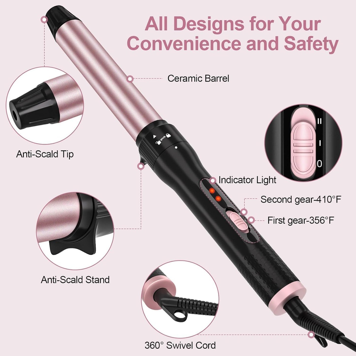 1.25 Inch Curling Iron, Curling Wand for Middle & Long Hair, Ceramic Barrel Curling Irons with Adjustable Temperature, Include Heat Resistant Glove