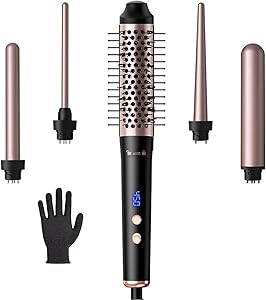 5 in 1 Curling Wand Set, Waver Curling Iron with Curling Brush and 4 Interchangeable Ceramic Curling Wand (0.35”-1.25”) for Women, Fast Heat Up Hair Curler Include Heat Protective Glove
