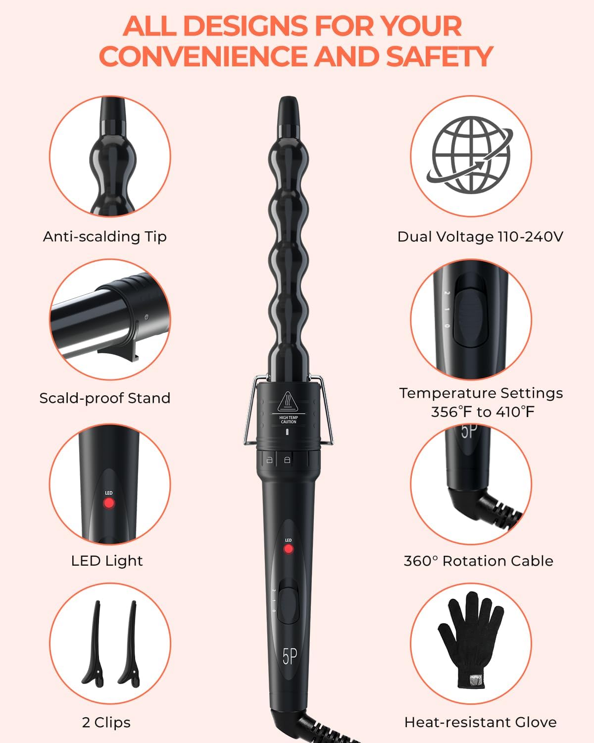 5 in 1 Curling Wand Set: Ohuhu Curling Iron Wand 5Pcs 0.35 to 1.25 Inch Interchangeable Ceramic Barrel Heat Protective Glove 2 Clips Dual Voltage Hair Curler for Girls Women Mother Gift Black