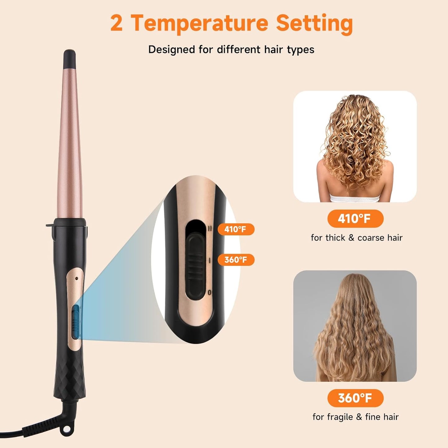 Tapered Curling Wand 1/2-Inch to 1-Inch Tourmaline Ceramic Barrel Professional Wand Curling Iron for Short Medium Long Hair Two Temperature Settings Dual Voltage Auto Shut-Off