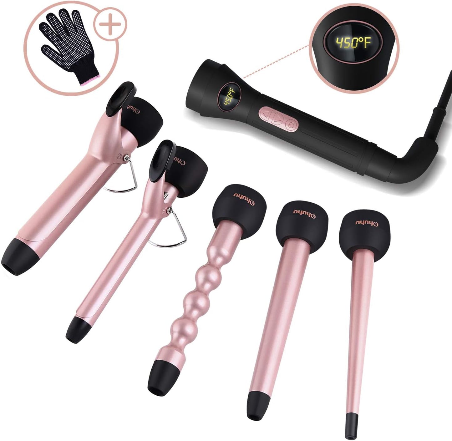 5 in 1 Curling Wand Set: Ohuhu Curling Iron Wand LCD Temperature Display 5Pcs 0.35 to 1.25 Inch Interchangeable Ceramic Barrel Heat Protective Glove for Girls Women Mother Gift Rose Gold