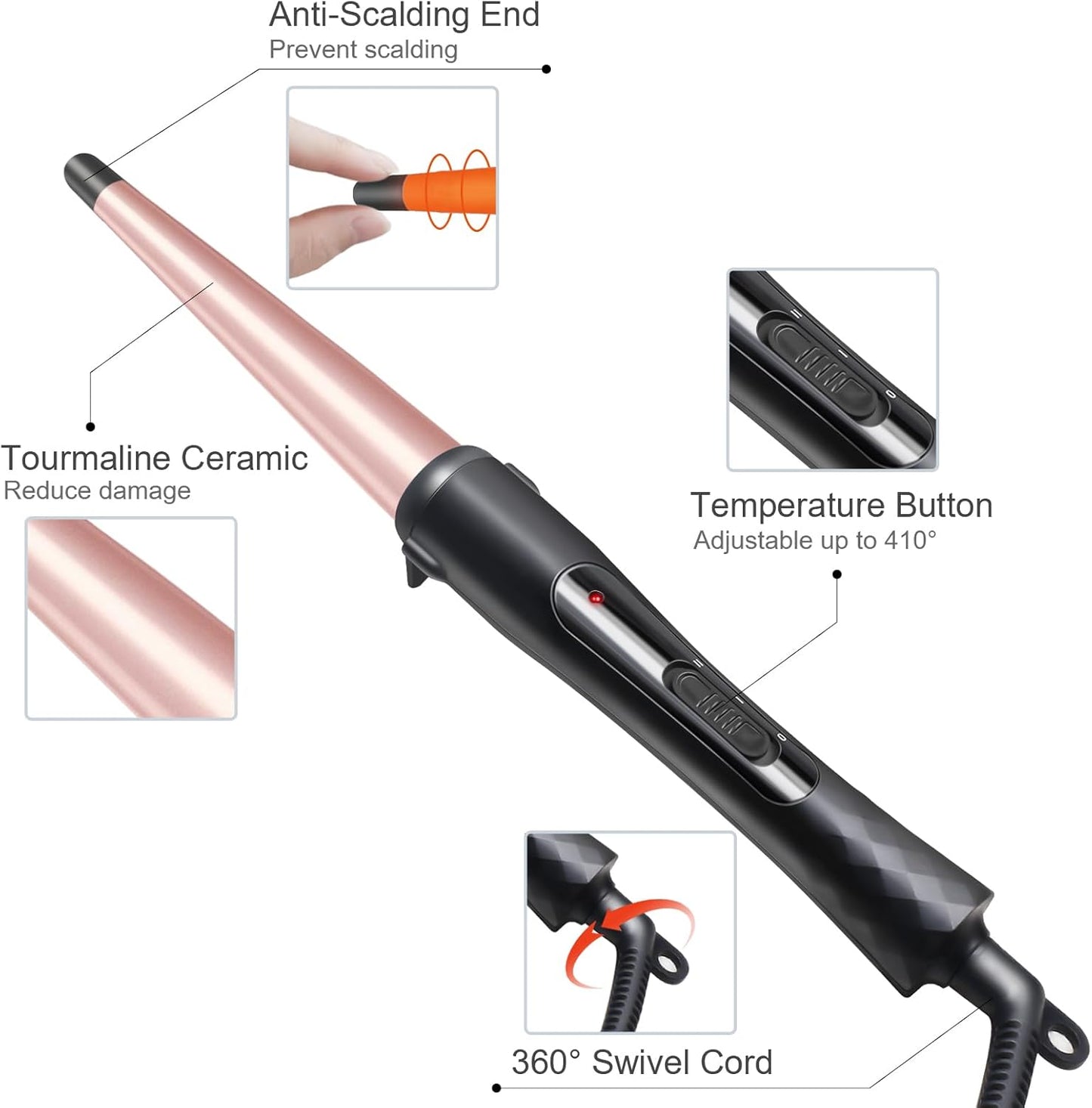 Hair Curling Wand, 1/2-1 Inch Tapered Curling Iron, Professional Ceramic Hair Curler Wand for Long & Short Hair, Curling Iron with 2 Temperature, Include Heat Protective Glove-Pink