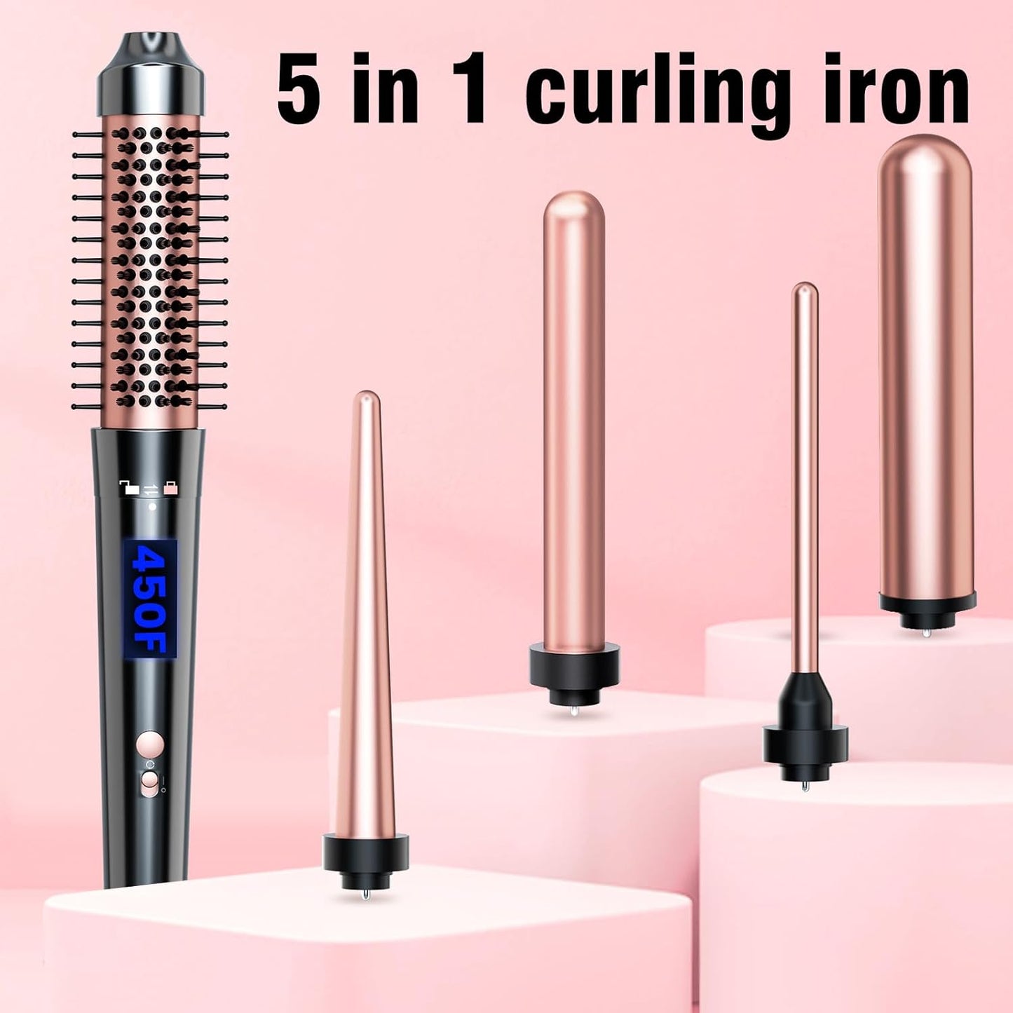Bo'laiya 5 in 1 Curling Wand Set with Curling Brush and Temperature Display, 4 Interchangeable Ceramic Curling Wand(0.4'' - 1.3'') and Heat Protective Glove & 2 Clips -Rose Gold