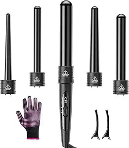 5 In 1 Curling Wand Set, Curling Iron Interchangeable Ceramic Barrels (0.35-1.25 Inch), Heating Hair Curler Kit with Protective Glove & 2 Clips Ceramic Coated for All Hair Types, Gift for Girls, Women