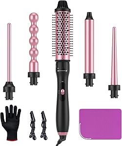 LANDOT 5-in-1 Curling Iron Wand Set: Hair Curler Set with Curling Thermal Brush 1-1/2 inch and 4 Interchangeable Ceramic Curling Wand (0.35”-1.25”) - Instant Heat Up Long Lasting Curls