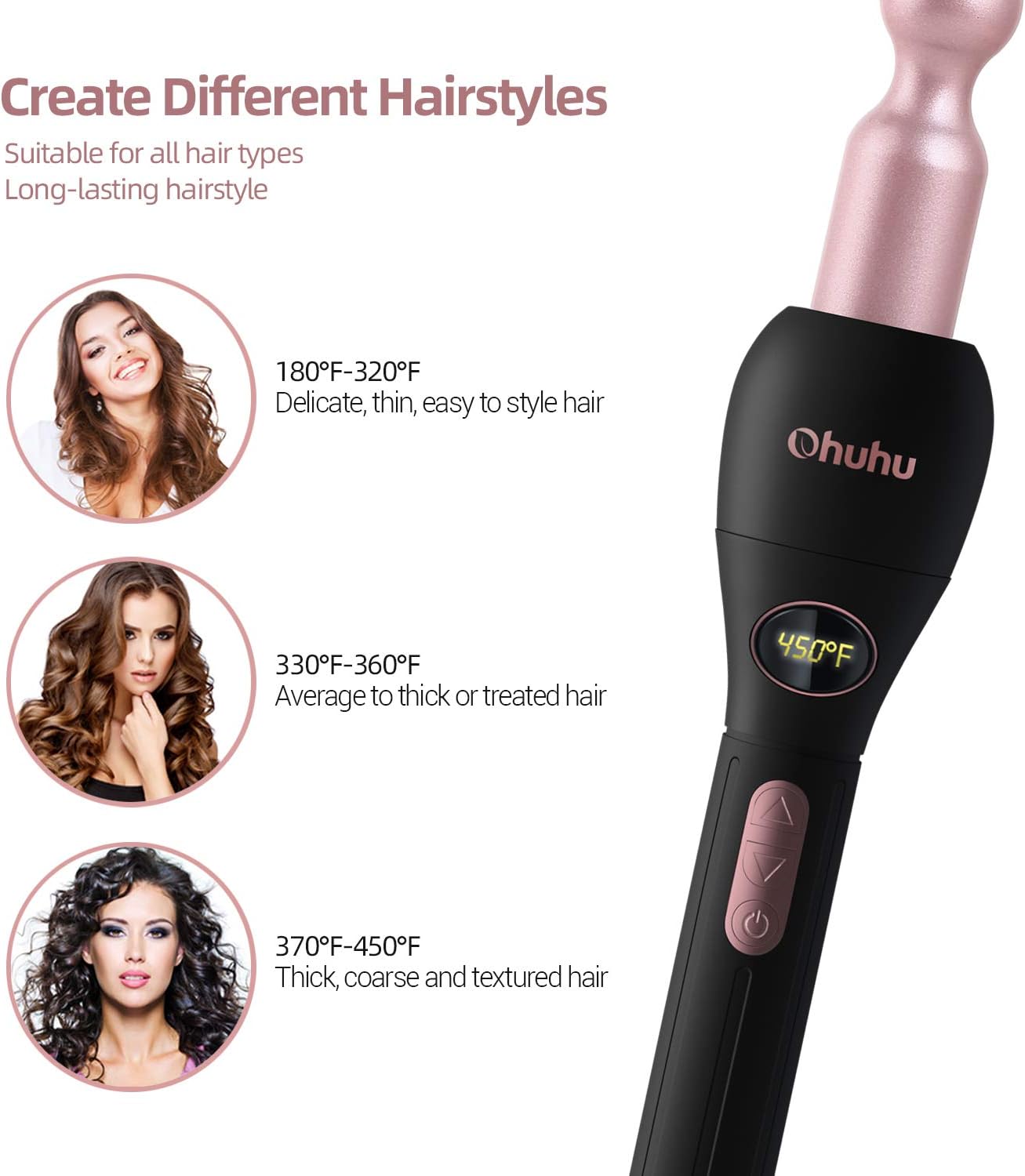 5 in 1 Curling Wand Set: Ohuhu Curling Iron Wand LCD Temperature Display 5Pcs 0.35 to 1.25 Inch Interchangeable Ceramic Barrel Heat Protective Glove for Girls Women Mother Gift Rose Gold