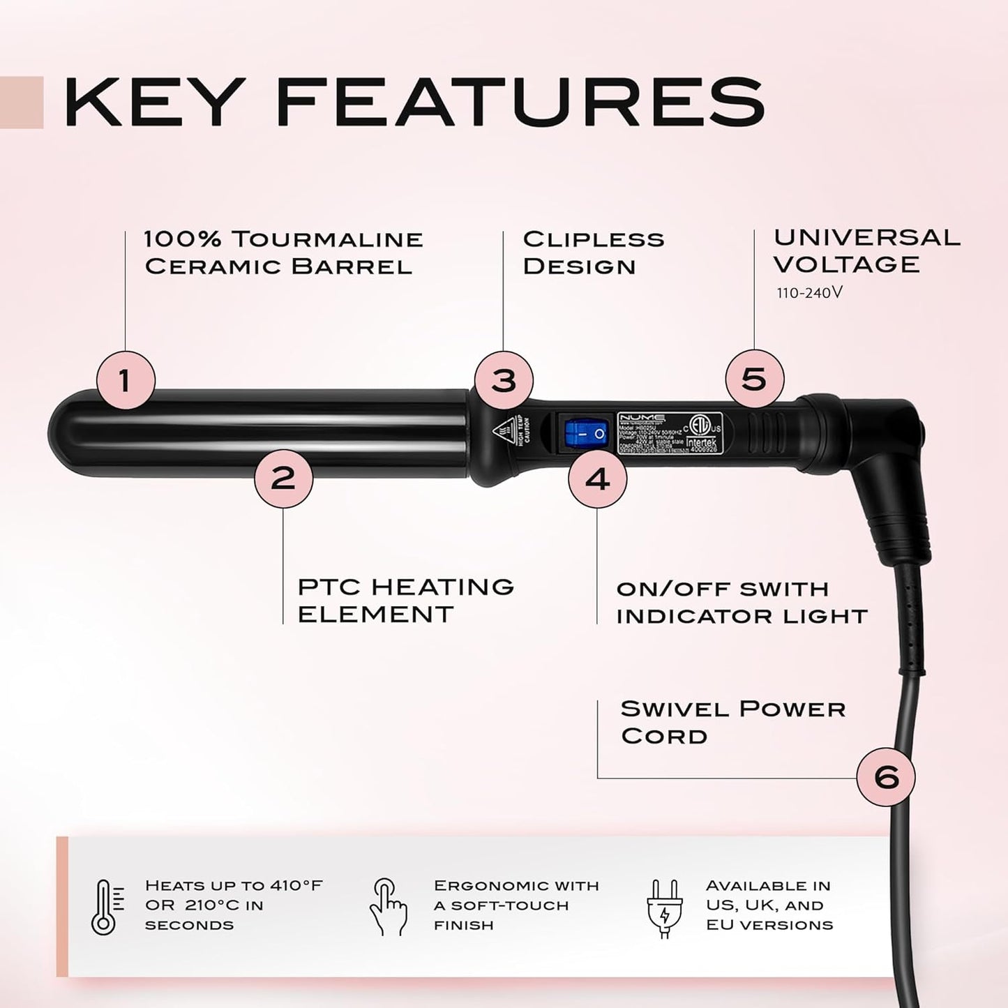 NuMe Classic Ceramic Curling Wand - Tourmaline 1.25 Inch Barrel Hair Curler, Negative Ion Conditioning, Far Infrared Heat - All Hair Types - Black