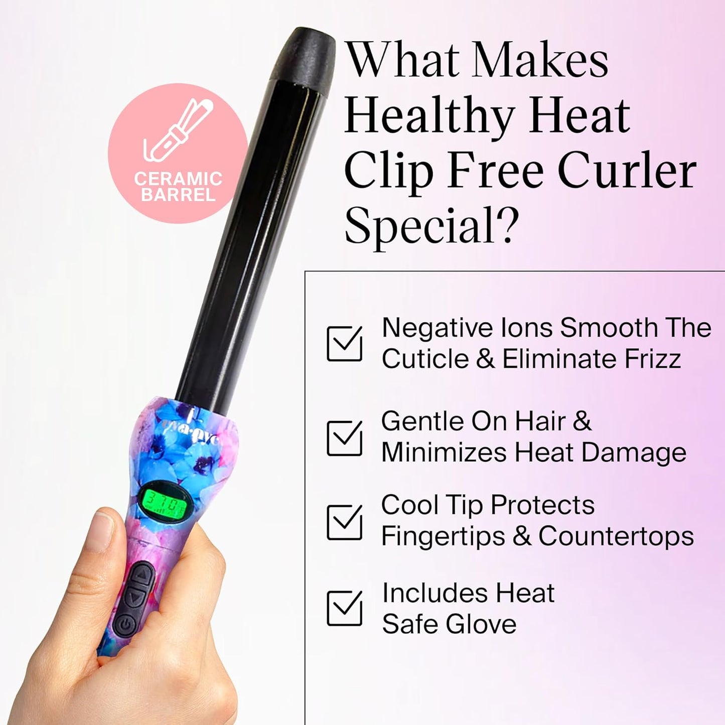 Eva NYC Healthy Heat Clip-Free Curling Wand, Tourmaline-Infused Hair Curler with Far-Infrared, Ceramic Wand Curling Iron, Hair Wand Styling Tool with Adjustable Heat, 1 Inch, Floral Frenzy
