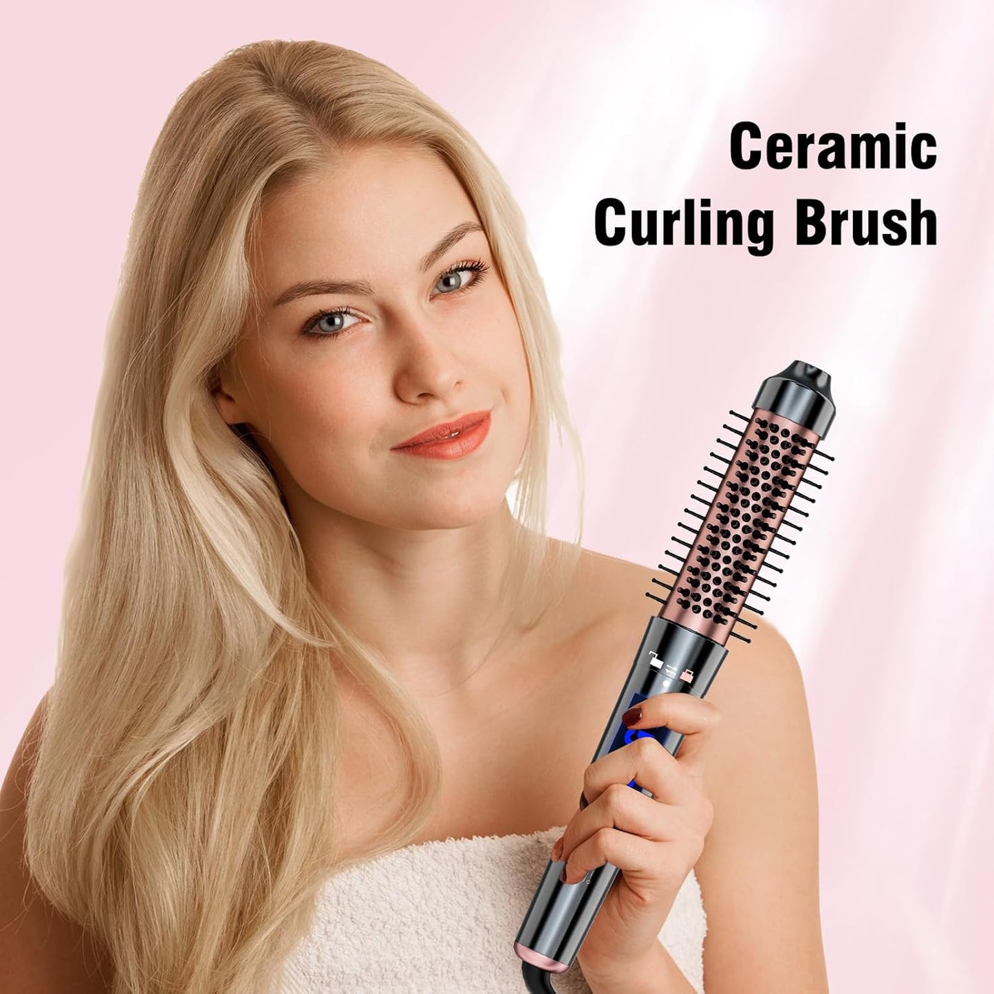 Bo'laiya 5 in 1 Curling Wand Set with Curling Brush and Temperature Display, 4 Interchangeable Ceramic Curling Wand(0.4'' - 1.3'') and Heat Protective Glove & 2 Clips -Rose Gold