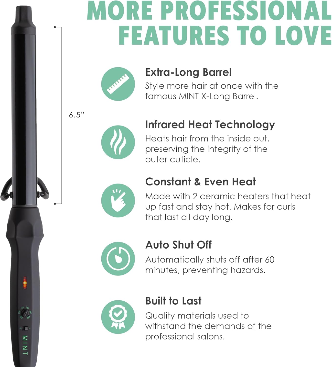 MINT Professional Clamp-Free Curling Wand 1 Inch for Long Hair | Extra Long Curl Wand w 4-Heater Ionic Ceramic Tourmaline Barrel | Best Curling Wands | Adjustable 230-430°F | Worldwide Dual Voltage