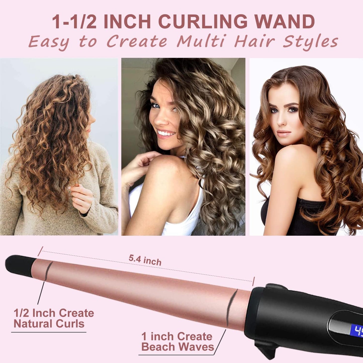 Hair Curling Wand, 0.5-1Inch Tapered Curling Iron, Professional Ceramic Hair Curler Wand with Adjustable Digital Temperature, Dual Voltage, Auto Shut-Off