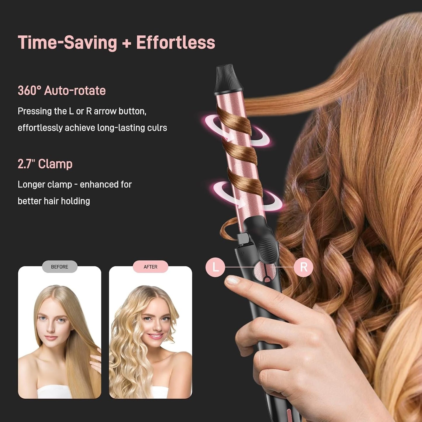 Rotating Curling Iron - 3 in1 Automatic Curling Iron with Interchangeable CurlingWand, 3/4, 1 1/4, 1 Inch CurlingIron for Lasting Beach Waves, Adjustable Temp, Instant Heat, Dual Voltage (Rose Gold)