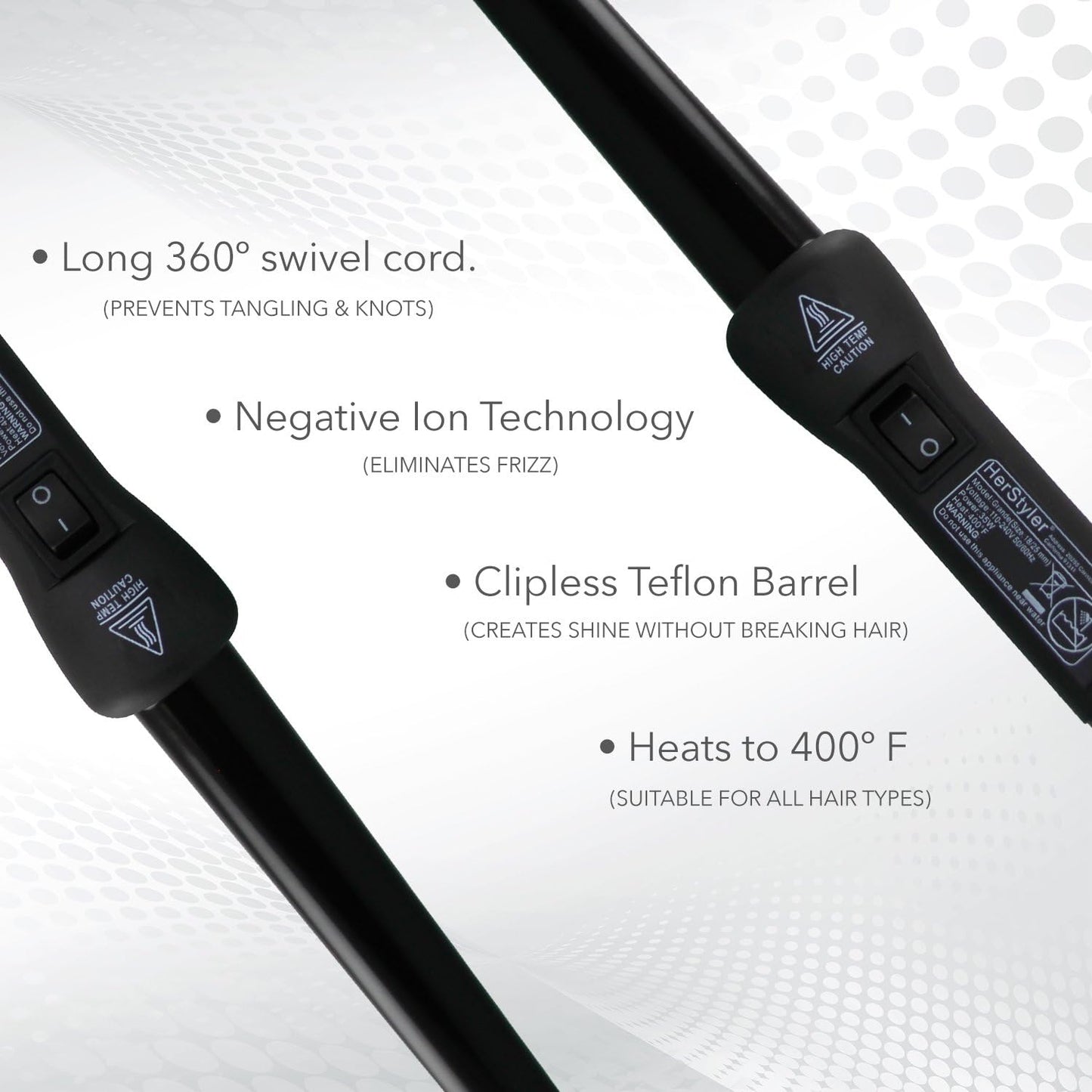 Herstyler Grande Ceramic Curling Wand - 1 inch Dual Voltage for Long and Short Hair - Negative Ions (Black)
