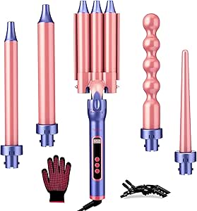 Brightup Curling Iron Wand Set, 5 in 1 Hair Curler with 3 Barrel Crimper, Fast Heat Up Dual Voltage Curling Wand for All Hair Types with LCD Display, Gifts for Women