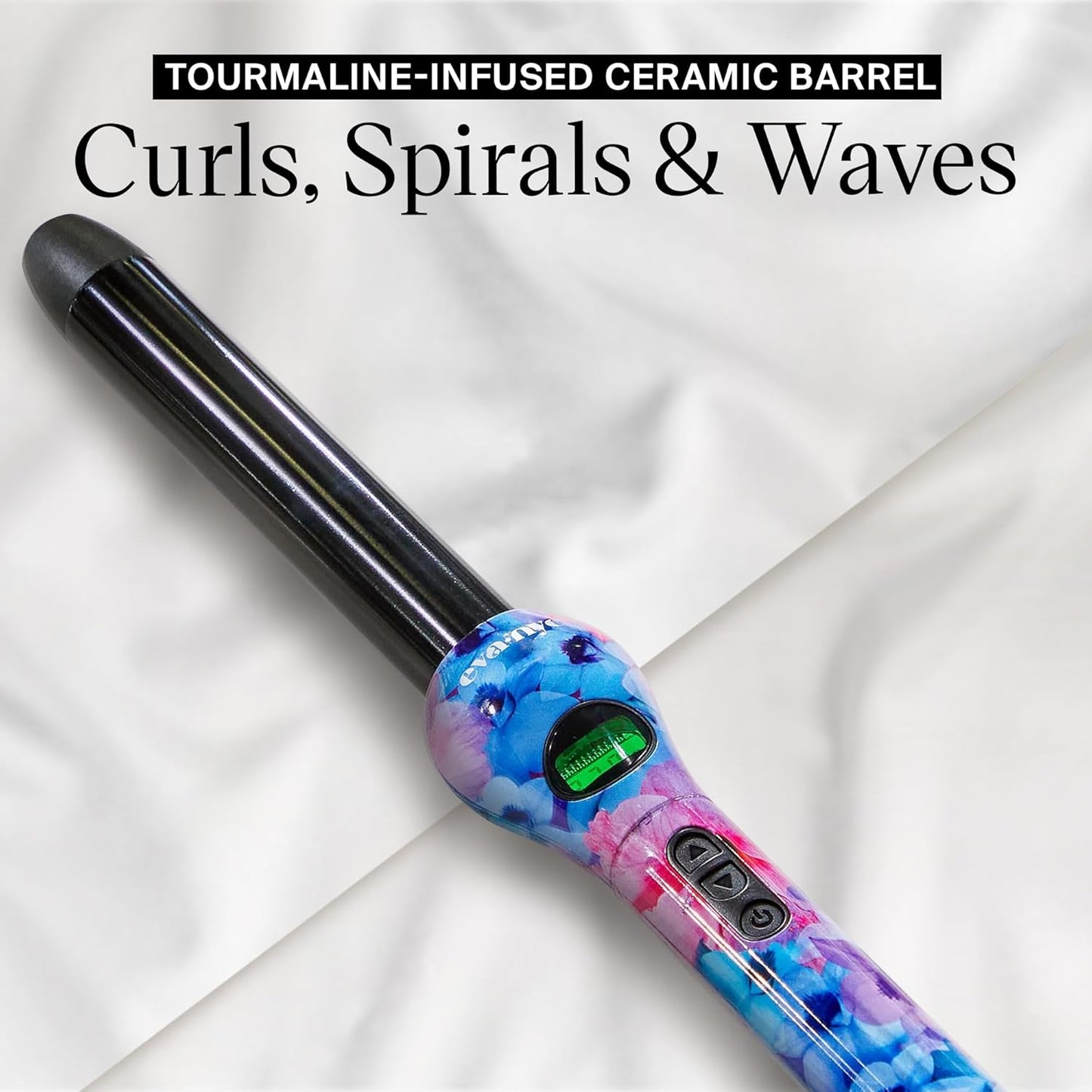 Eva NYC Healthy Heat Clip-Free Curling Wand, Tourmaline-Infused Hair Curler with Far-Infrared, Ceramic Wand Curling Iron, Hair Wand Styling Tool with Adjustable Heat, 1 Inch, Floral Frenzy