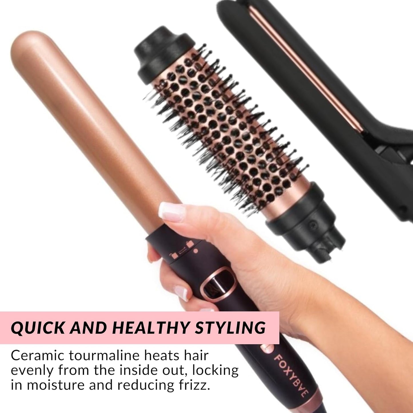 FoxyBae 3-in-1 Interchangeable Hair Tools - Curling Wand w/ 3 Attachments - Hot Round Brush, Straightening Iron & Hair Curler for Shiny Curls - Hair Dryer Brush & Hair Styling Set [Black-Rose Gold]
