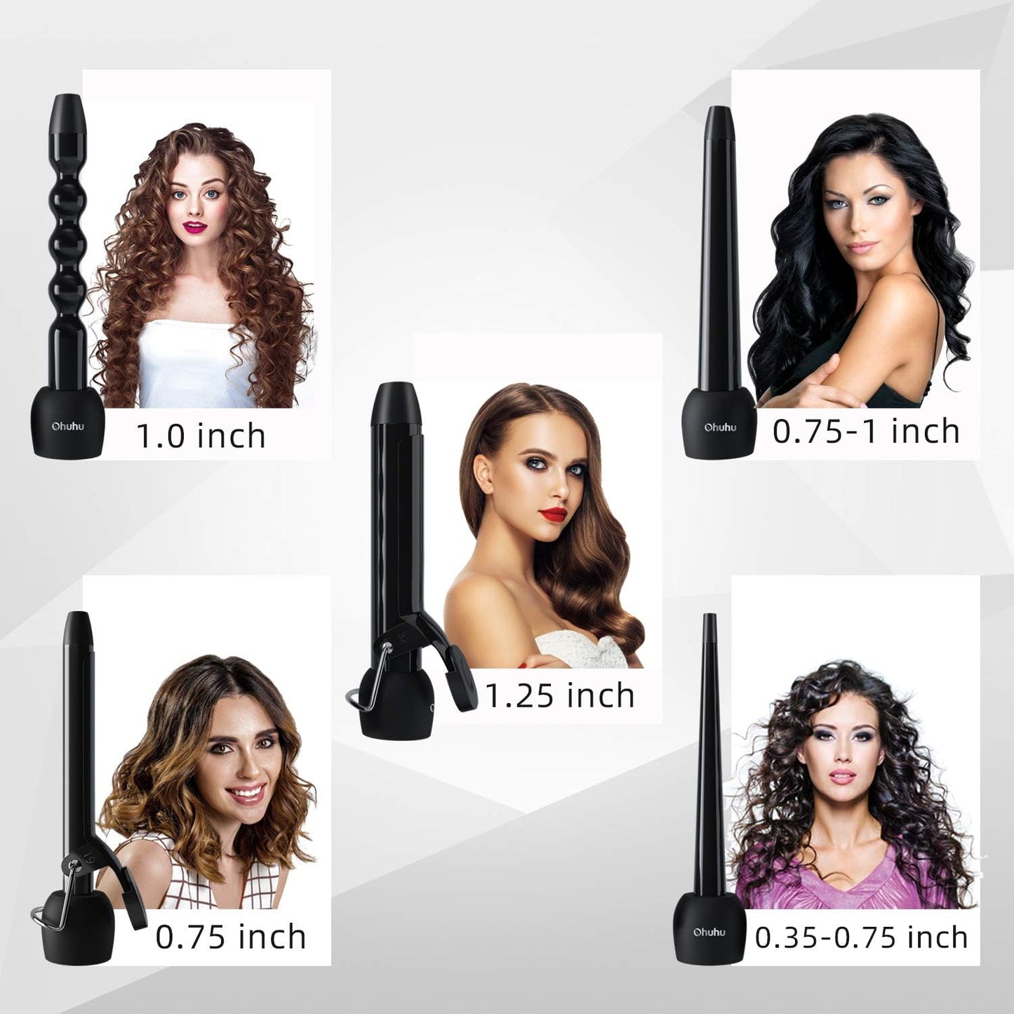 5 in 1 Curling Wand Set: Ohuhu Curling Iron Wand LCD Temperature Display 5Pcs 0.35 to 1.25 Inch Interchangeable Ceramic Barrel Heat Protective Glove for Girls Women Mother Gift Black