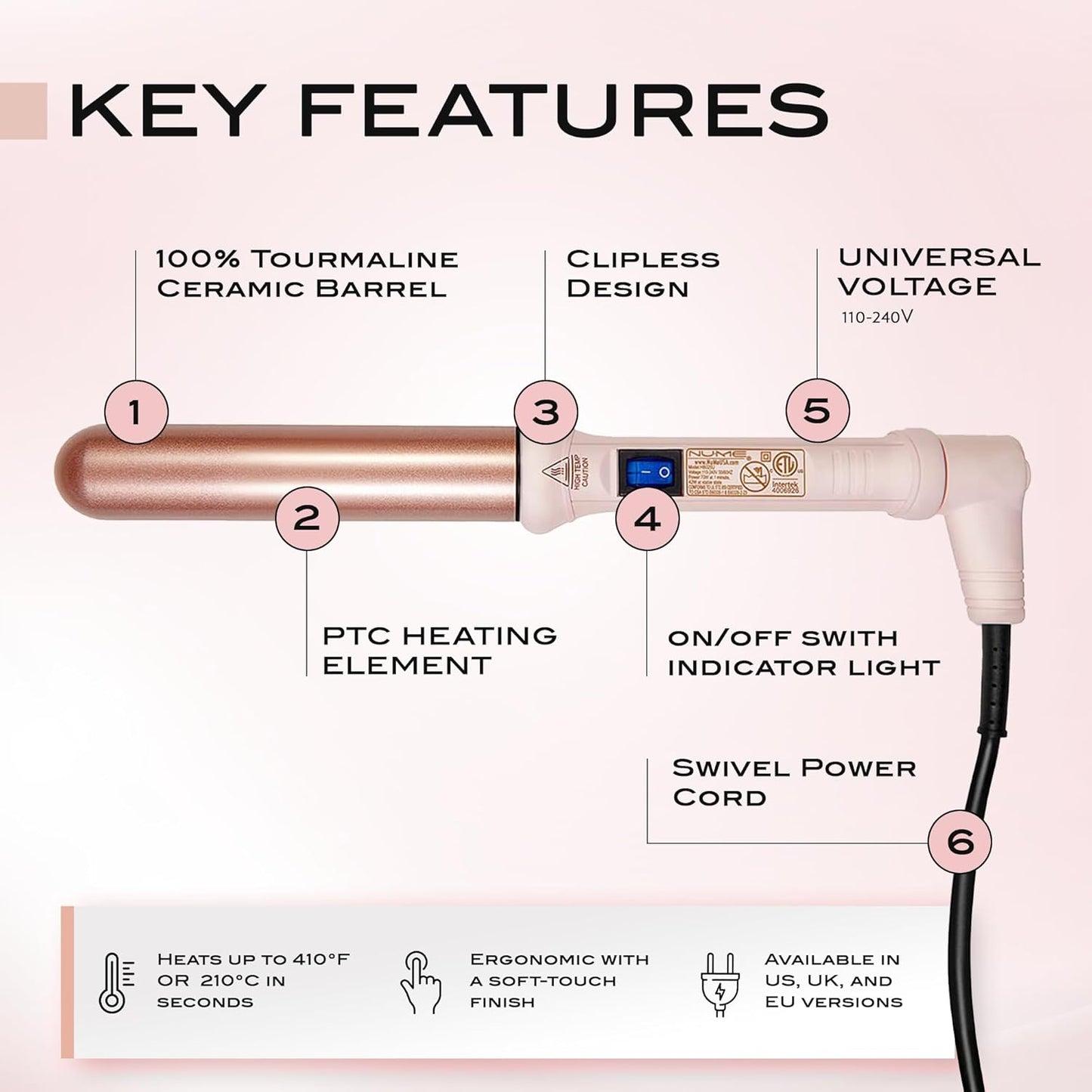 NuMe Classic Ceramic Curling Wand - Tourmaline 1.25 Inch Barrel Hair Curler, Negative Ion Conditioning, Far Infrared Heat - All Hair Types - Blush
