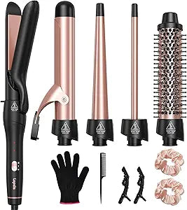 5 in 1 Curling Iron with Thermal Brush and 4 Interchangeable Ceramic Barrels(1/2 to 1 1/2 inch), Curling Wand Set with Flat Iron, Fast Heating, Dual Voltage Hair Curler, Gifts for Women
