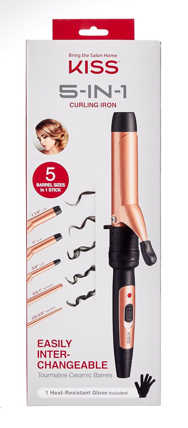 KISS 5-in-1 Curling Iron, Interchangeable Tourmaline Ceramic Curling Wand Set with 3 Styling Clips & 2 Wands, 2 Heat Settings, Heat Resistant Glove, 110/120V