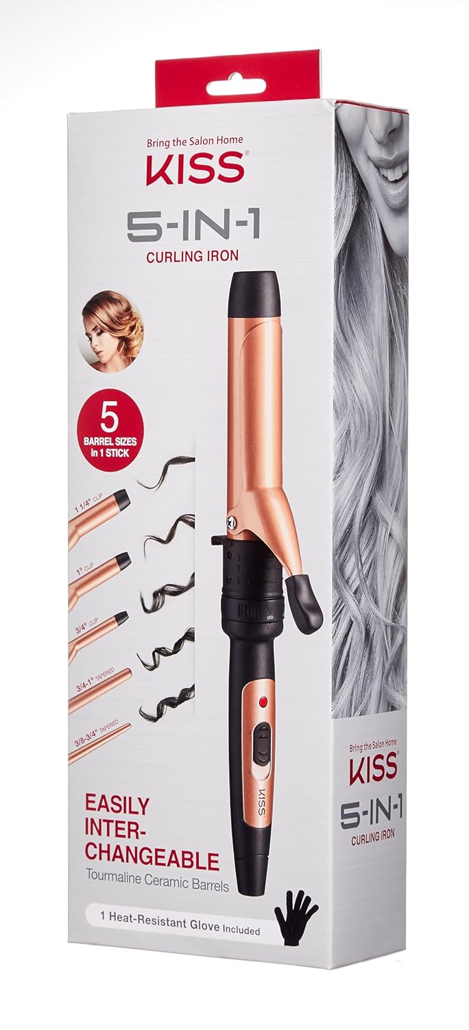 KISS 5-in-1 Curling Iron, Interchangeable Tourmaline Ceramic Curling Wand Set with 3 Styling Clips & 2 Wands, 2 Heat Settings, Heat Resistant Glove, 110/120V
