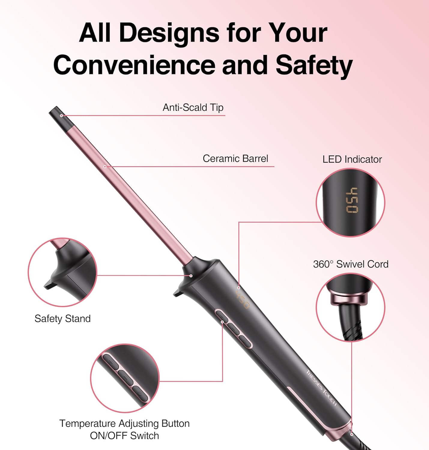 Small Curling Iron 2/5 Inch, Tresses Touch Curling Iron Wand for Short & Long Hair, 10 mm Ceramic Small Barrel Hair Curler with Adjustable Temperature, Include Heat Resistant Glove & Clip (Rose Gold)