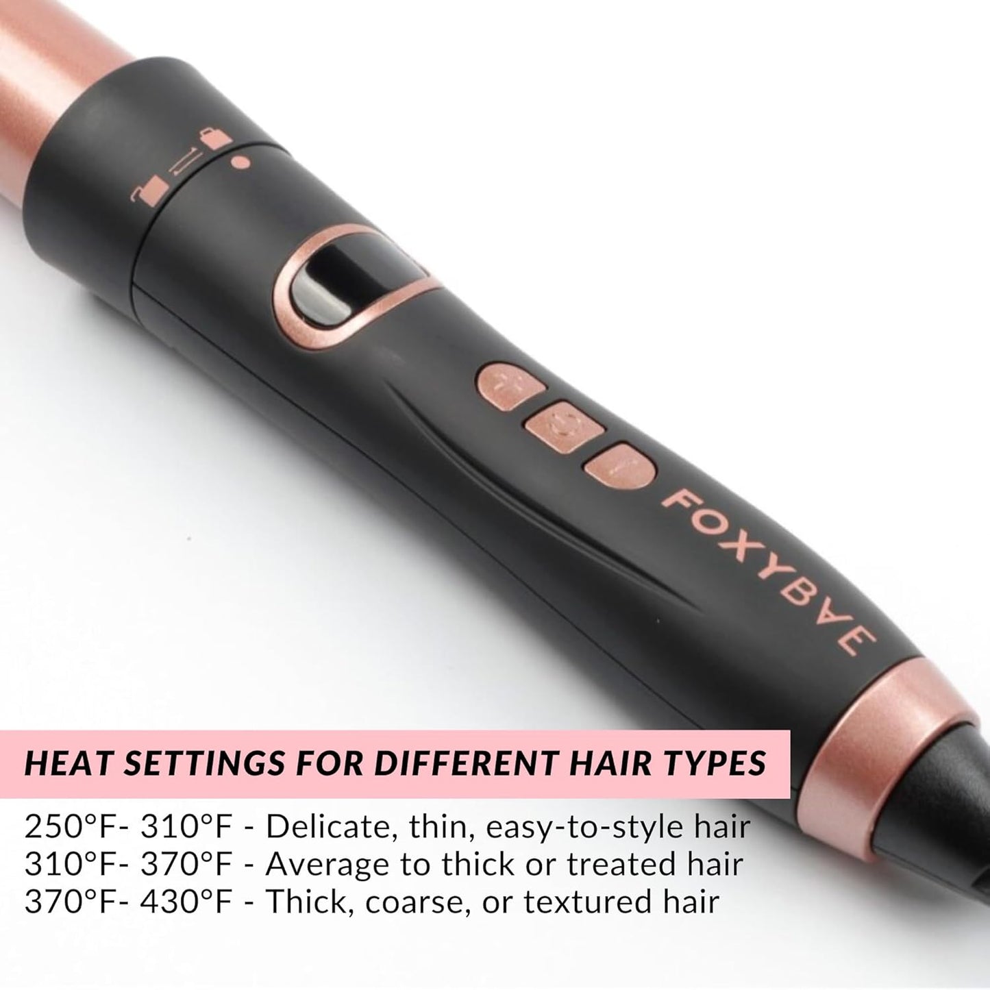 FoxyBae 3-in-1 Interchangeable Hair Tools - Curling Wand w/ 3 Attachments - Hot Round Brush, Straightening Iron & Hair Curler for Shiny Curls - Hair Dryer Brush & Hair Styling Set [Black-Rose Gold]