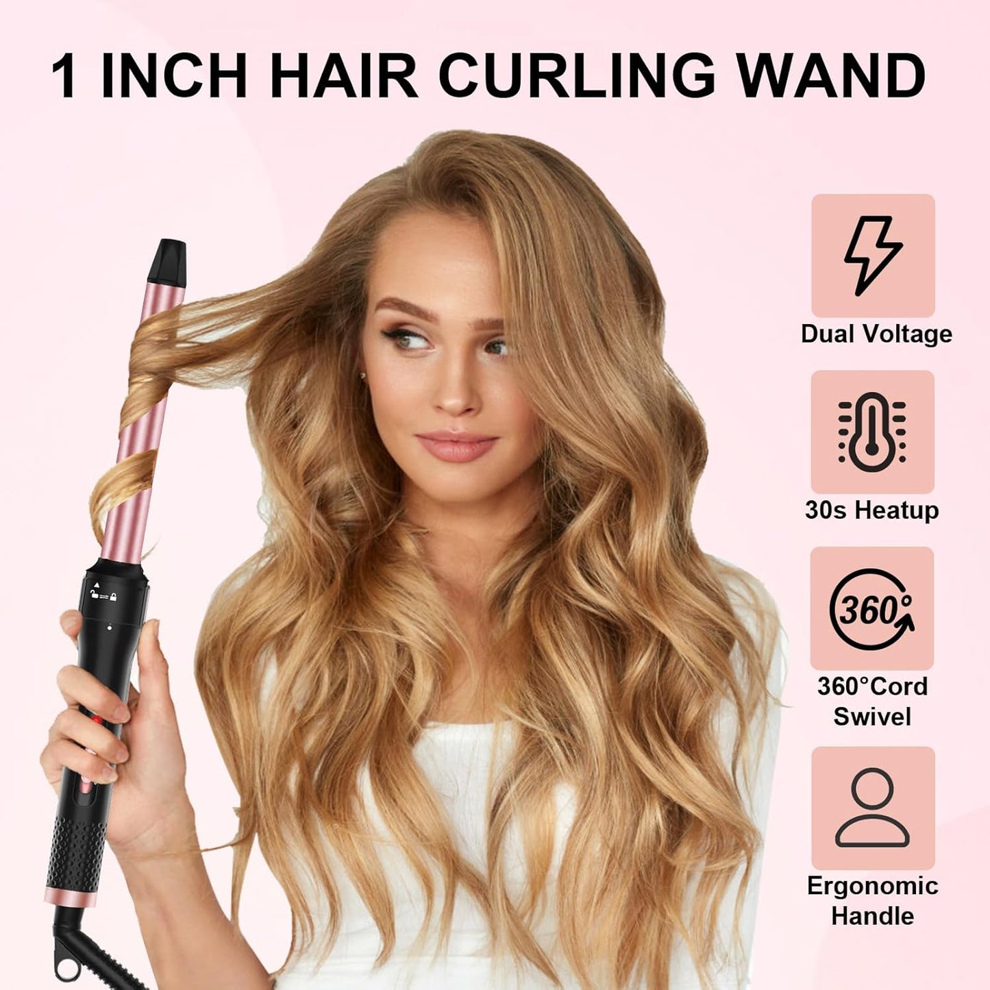 Curling Iron 1 Inch, Professional Long Barrel Hair Curling Wand with 2 Heat Settings, Ceramic Coating Barrel Curler Wand for All Hair Types, Include Heat Protective Glove & 2 Clips