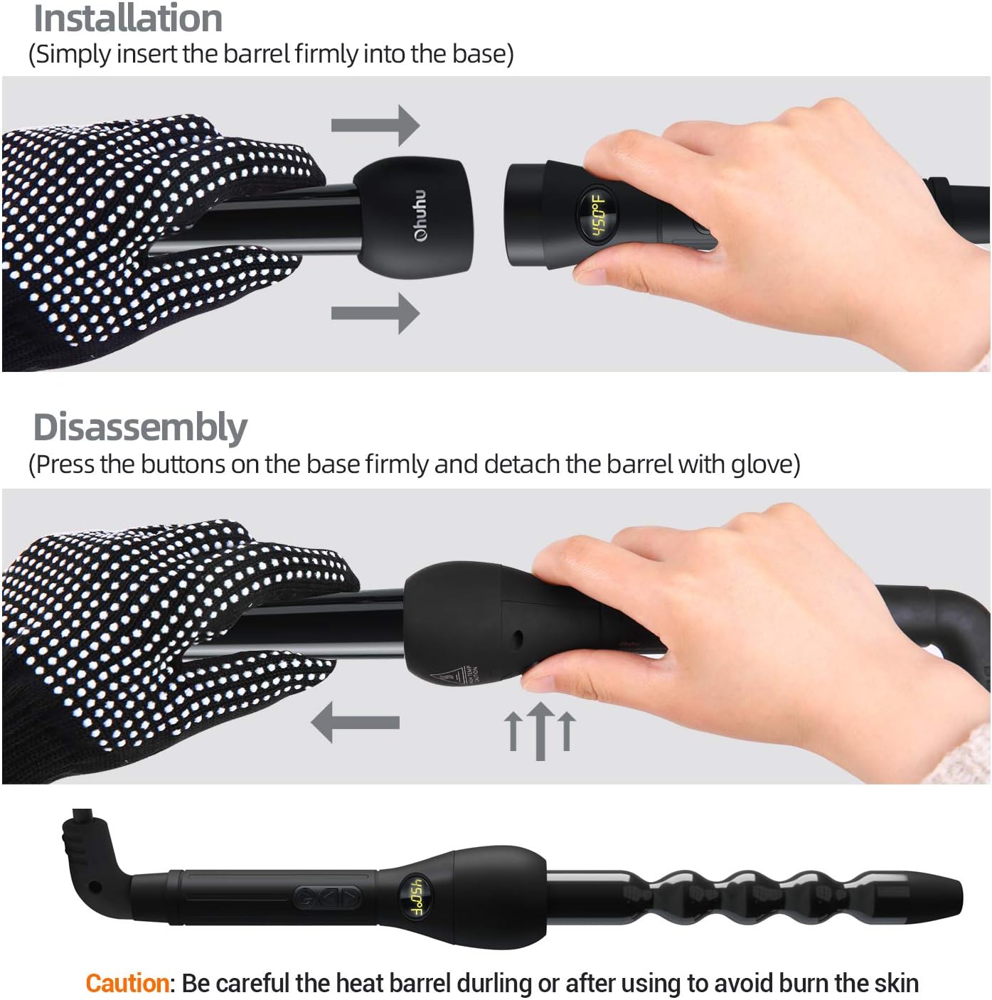 5 in 1 Curling Wand Set: Ohuhu Curling Iron Wand LCD Temperature Display 5Pcs 0.35 to 1.25 Inch Interchangeable Ceramic Barrel Heat Protective Glove for Girls Women Mother Gift Black