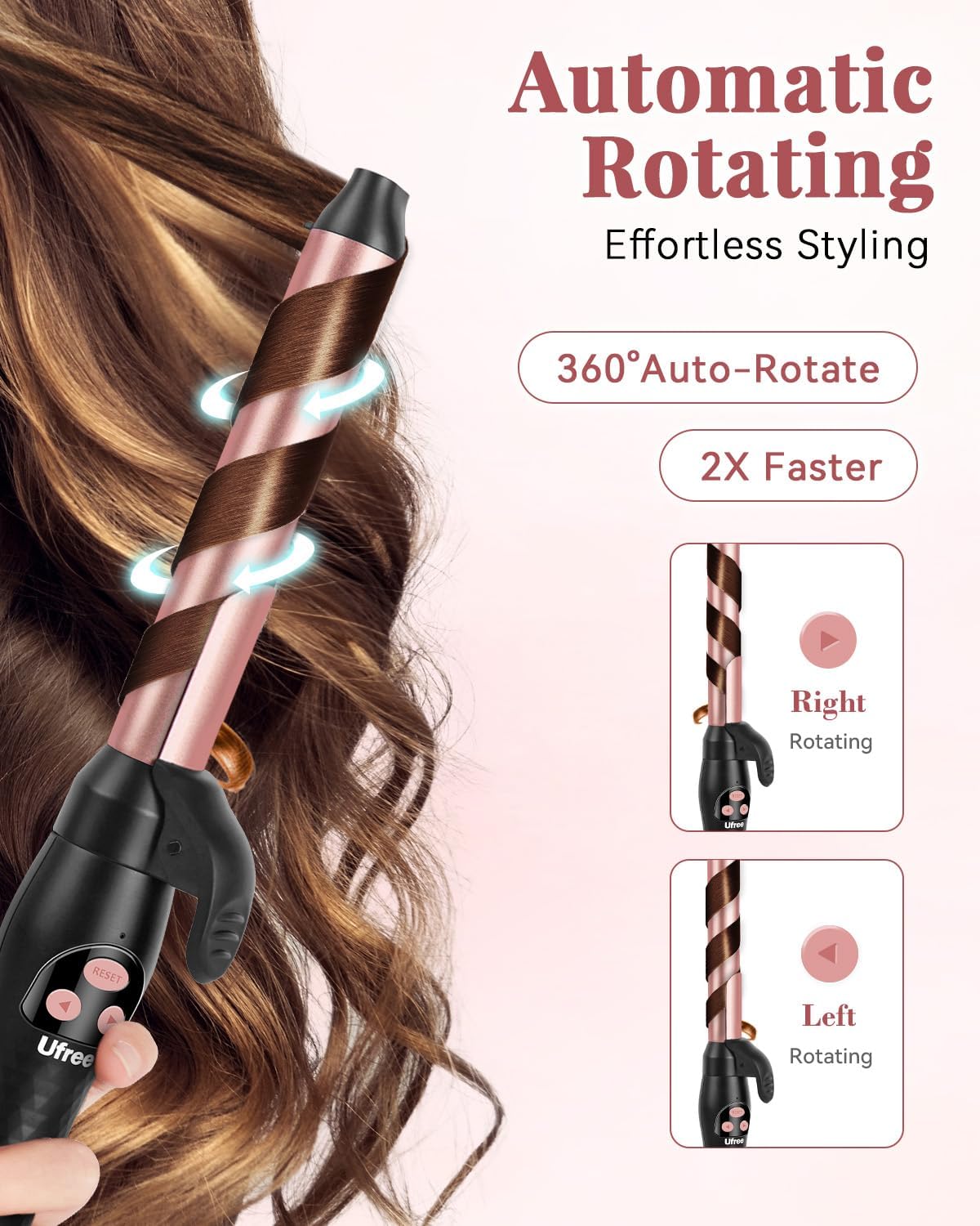 Ufree Automatic Rotating Curling Iron – 1 Inch Ceramic Barrel Curling Wand for Medium to Long Hair & Beach Waves, Self-Spinning Hair Curler with LCD Display 250°F–430°F, Dual Voltage, Rose Gold