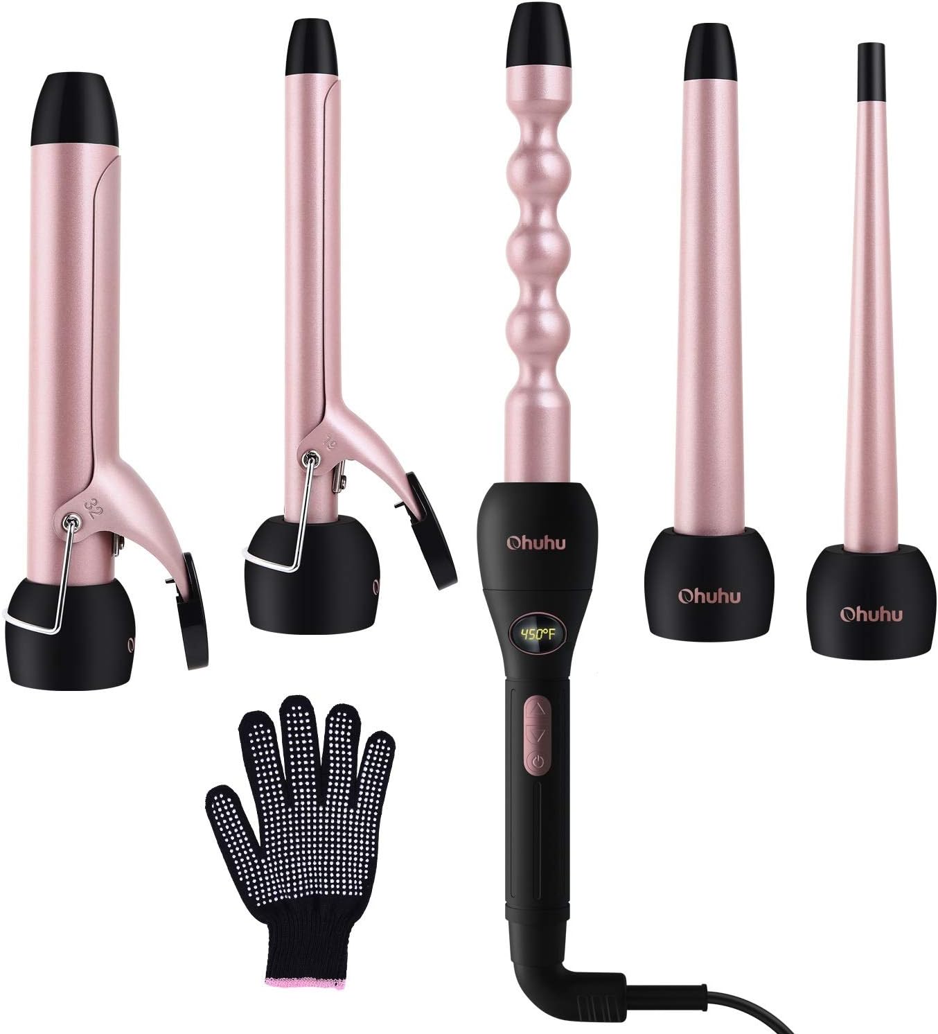 5 in 1 Curling Wand Set: Ohuhu Curling Iron Wand LCD Temperature Display 5Pcs 0.35 to 1.25 Inch Interchangeable Ceramic Barrel Heat Protective Glove for Girls Women Mother Gift Rose Gold