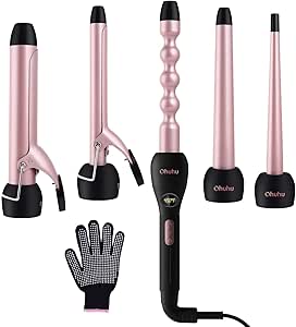 5 in 1 Curling Wand Set: Ohuhu Curling Iron Wand LCD Temperature Display 5Pcs 0.35 to 1.25 Inch Interchangeable Ceramic Barrel Heat Protective Glove for Girls Women Mother Gift Rose Gold