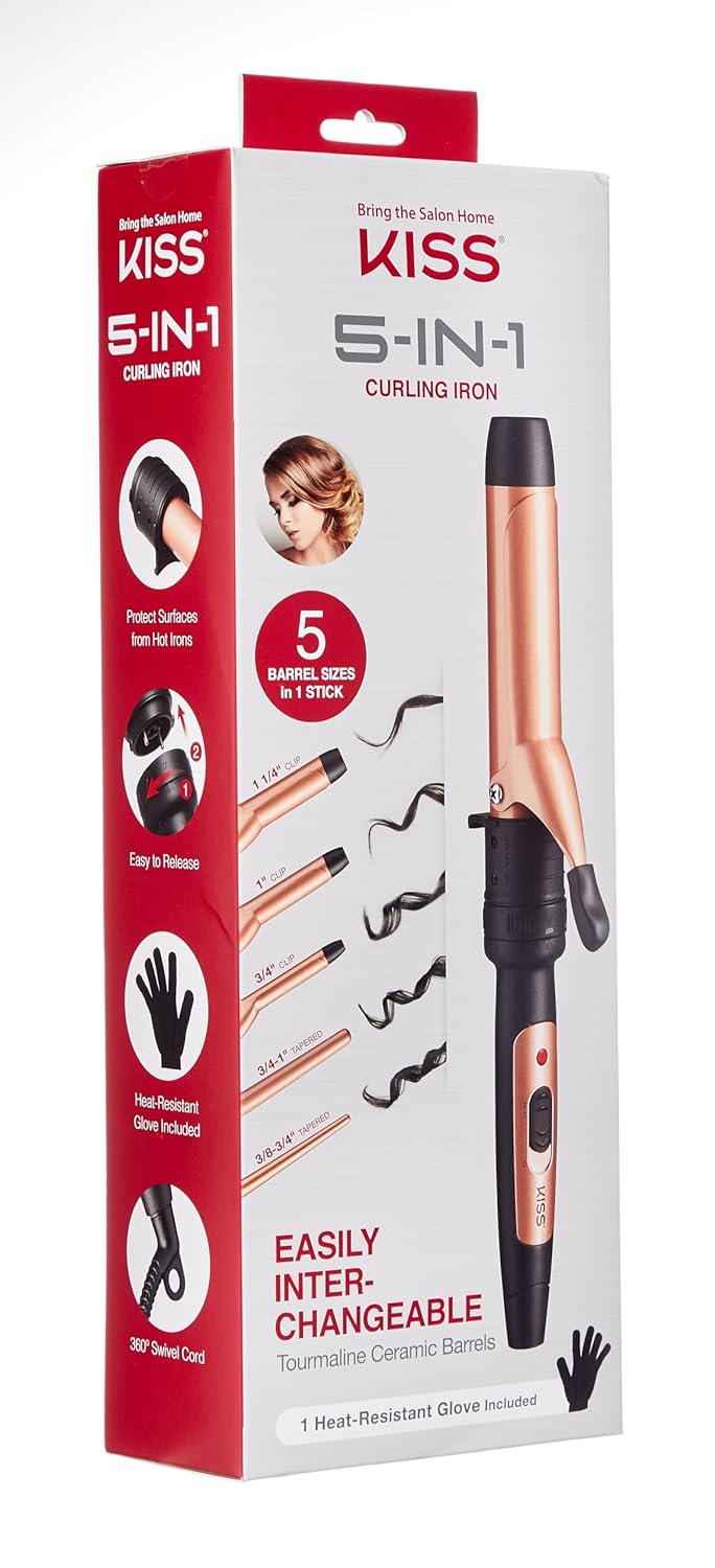 KISS 5-in-1 Curling Iron, Interchangeable Tourmaline Ceramic Curling Wand Set with 3 Styling Clips & 2 Wands, 2 Heat Settings, Heat Resistant Glove, 110/120V
