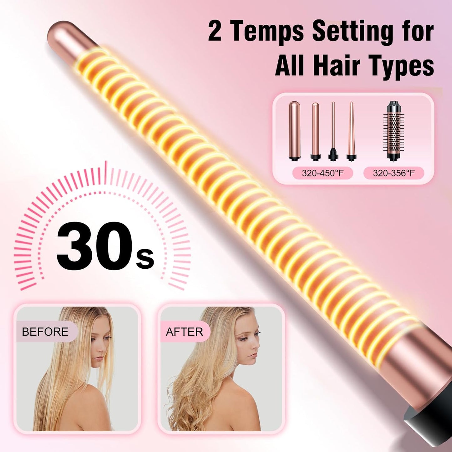 Bo'laiya 5 in 1 Curling Wand Set with Curling Brush and Temperature Display, 4 Interchangeable Ceramic Curling Wand(0.4'' - 1.3'') and Heat Protective Glove & 2 Clips -Rose Gold
