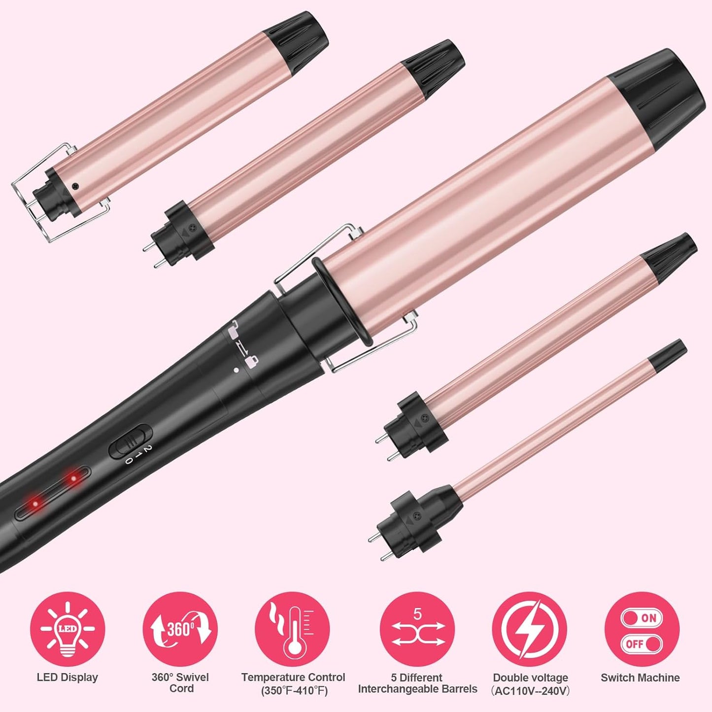 Curling Iron Set,Hair Curler Wand and Waver 0.35 inch to 1.5 inch Hair Crimper Hair Styler Tool for Hair Tool Wand Curler (Pink)