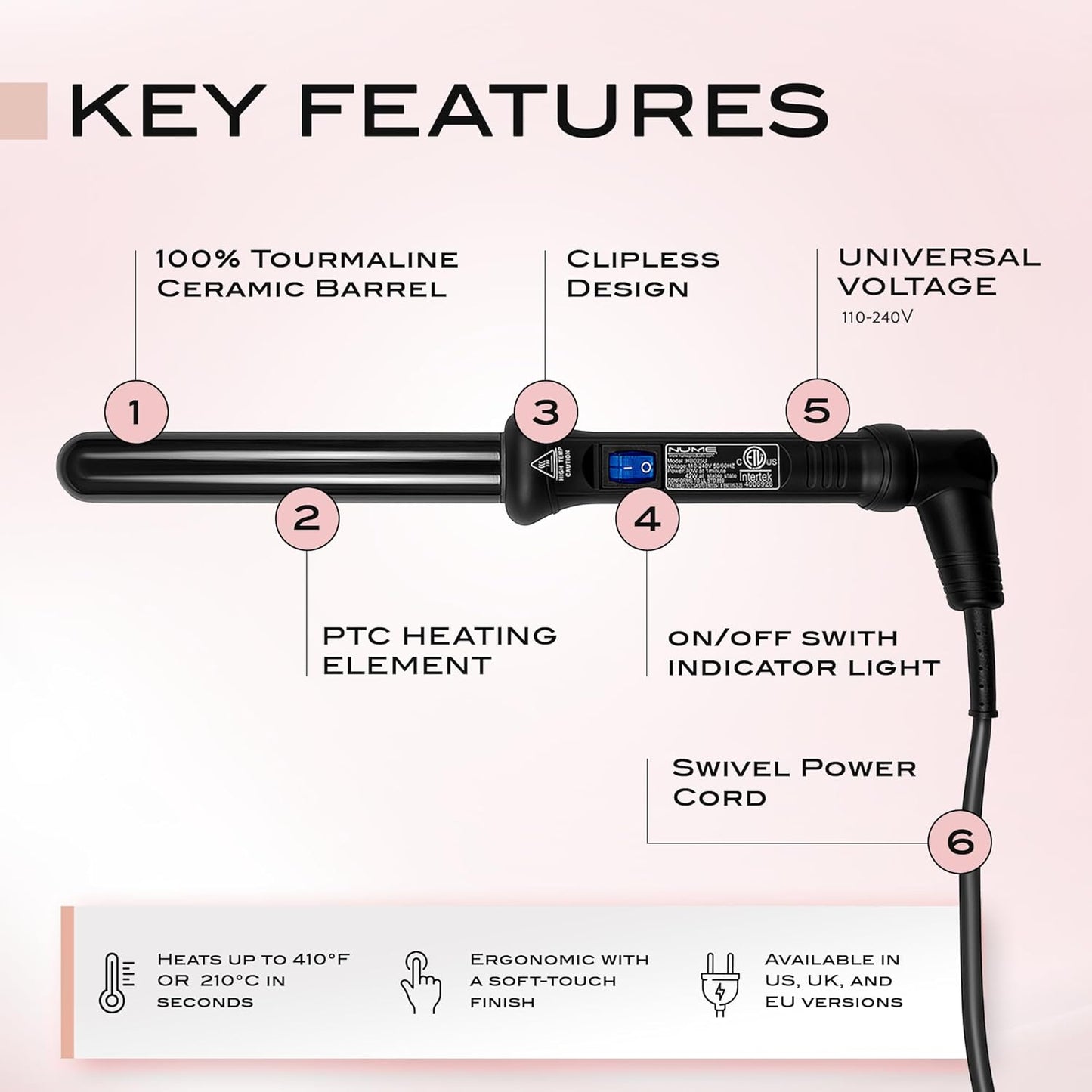 NuMe Classic Ceramic Curling Wand - Tourmaline 25mm Barrel Hair Curler, Negative Ion Conditioning, Far Infrared Heat - All Hair Types
