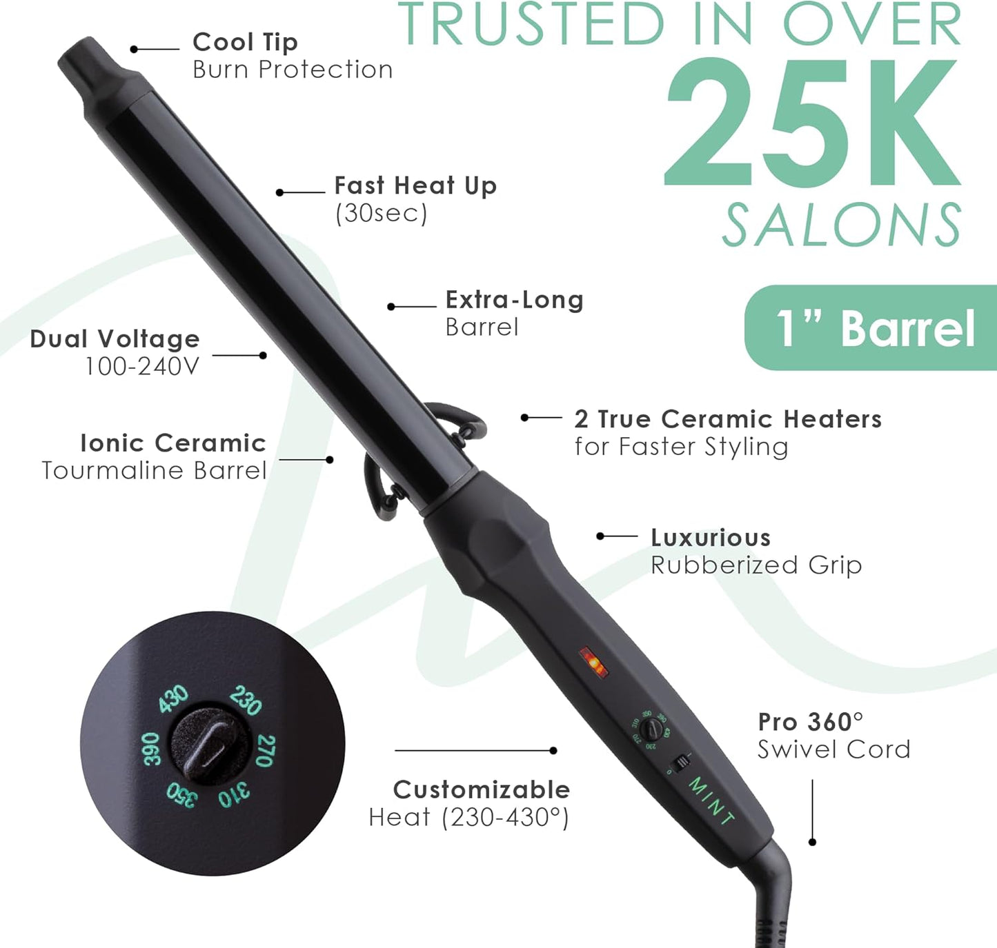 MINT Professional Clamp-Free Curling Wand 1 Inch for Long Hair | Extra Long Curl Wand w 4-Heater Ionic Ceramic Tourmaline Barrel | Best Curling Wands | Adjustable 230-430°F | Worldwide Dual Voltage