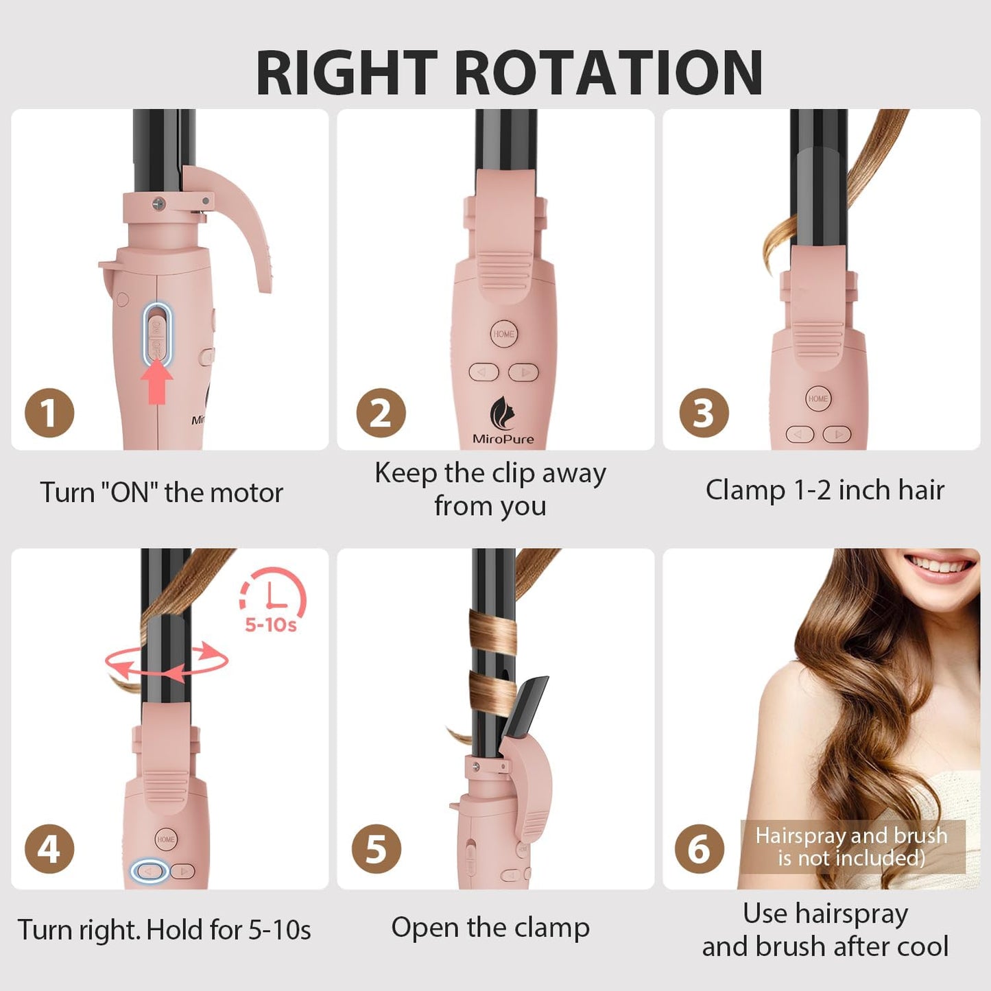 MiroPure Automatic Curling Iron, 1 Inch Ionic Hair Curler, Self Rotating Curling Wand with Longer Barrel for Waves and Curls, Unique Button to Enable/Distable Rotation, Get Rid of Accidentally Hit
