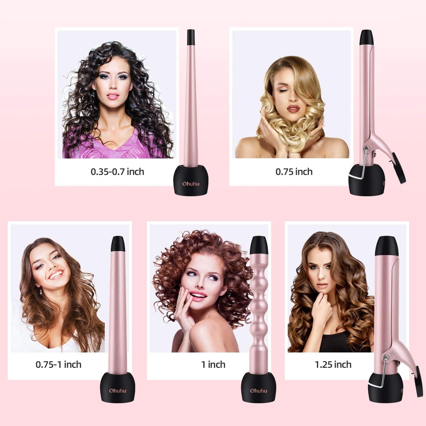 5 in 1 Curling Wand Set: Ohuhu Curling Iron Wand LCD Temperature Display 5Pcs 0.35 to 1.25 Inch Interchangeable Ceramic Barrel Heat Protective Glove for Girls Women Mother Gift Rose Gold