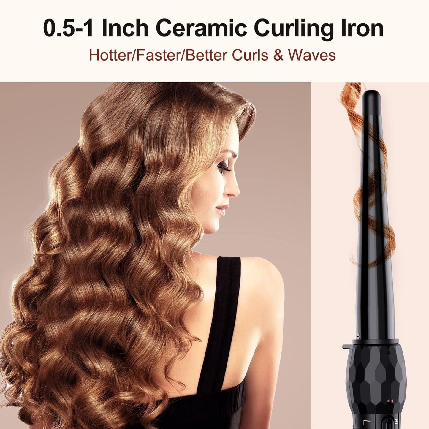 LURA Ceramic Tourmaline Coating Curling Wand, 1/2-1 Inch Barrel Hair Curler with 2 Heat Setting (320/410℉), Suitable for All Hair Types