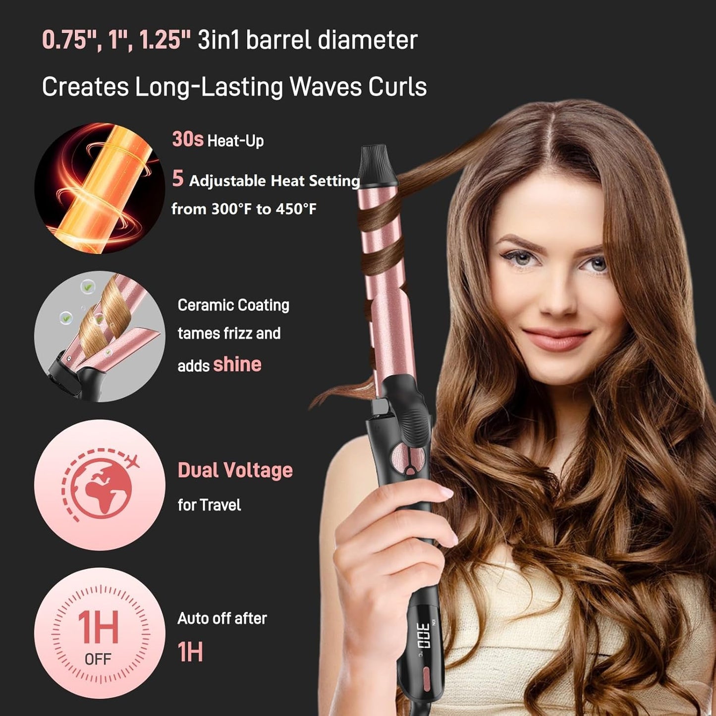 Rotating Curling Iron - 3 in1 Automatic Curling Iron with Interchangeable CurlingWand, 3/4, 1 1/4, 1 Inch CurlingIron for Lasting Beach Waves, Adjustable Temp, Instant Heat, Dual Voltage (Rose Gold)