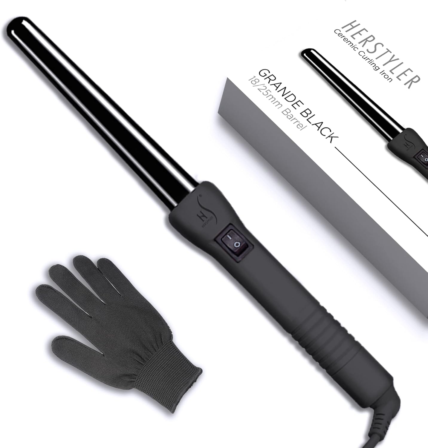Herstyler Grande Ceramic Curling Wand - 1 inch Dual Voltage for Long and Short Hair - Negative Ions (Black)