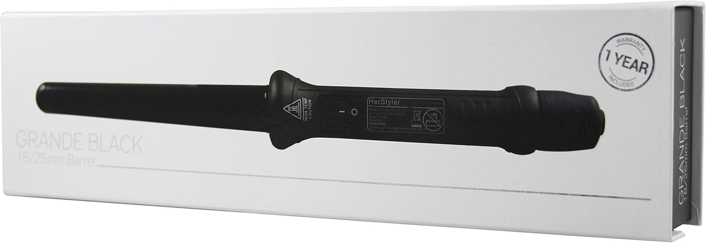 Herstyler Grande Ceramic Curling Wand - 1 inch Dual Voltage for Long and Short Hair - Negative Ions (Black)