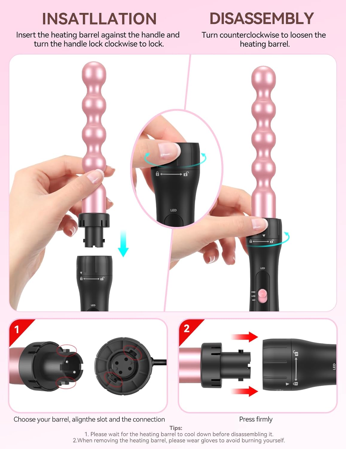 LANDOT 5-in-1 Curling Iron Wand Set: Hair Curler Set with Curling Thermal Brush 1-1/2 inch and 4 Interchangeable Ceramic Curling Wand (0.35”-1.25”) - Instant Heat Up Long Lasting Curls