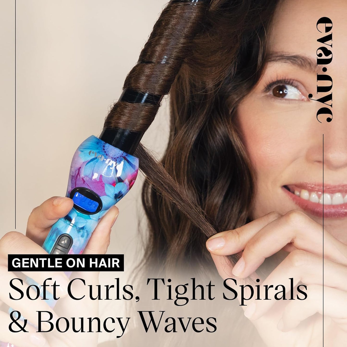 Eva NYC Healthy Heat Clip-Free Curling Wand, Tourmaline-Infused Hair Curler with Far-Infrared, Ceramic Wand Curling Iron, Hair Wand Styling Tool with Adjustable Heat, 1 Inch, Floral Frenzy