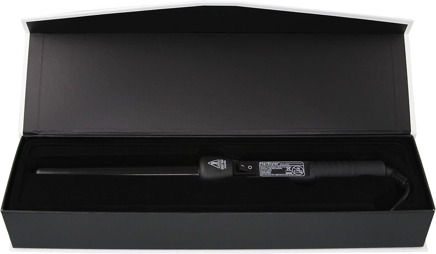 Herstyler Grande Ceramic Curling Wand - 1 inch Dual Voltage for Long and Short Hair - Negative Ions (Black)